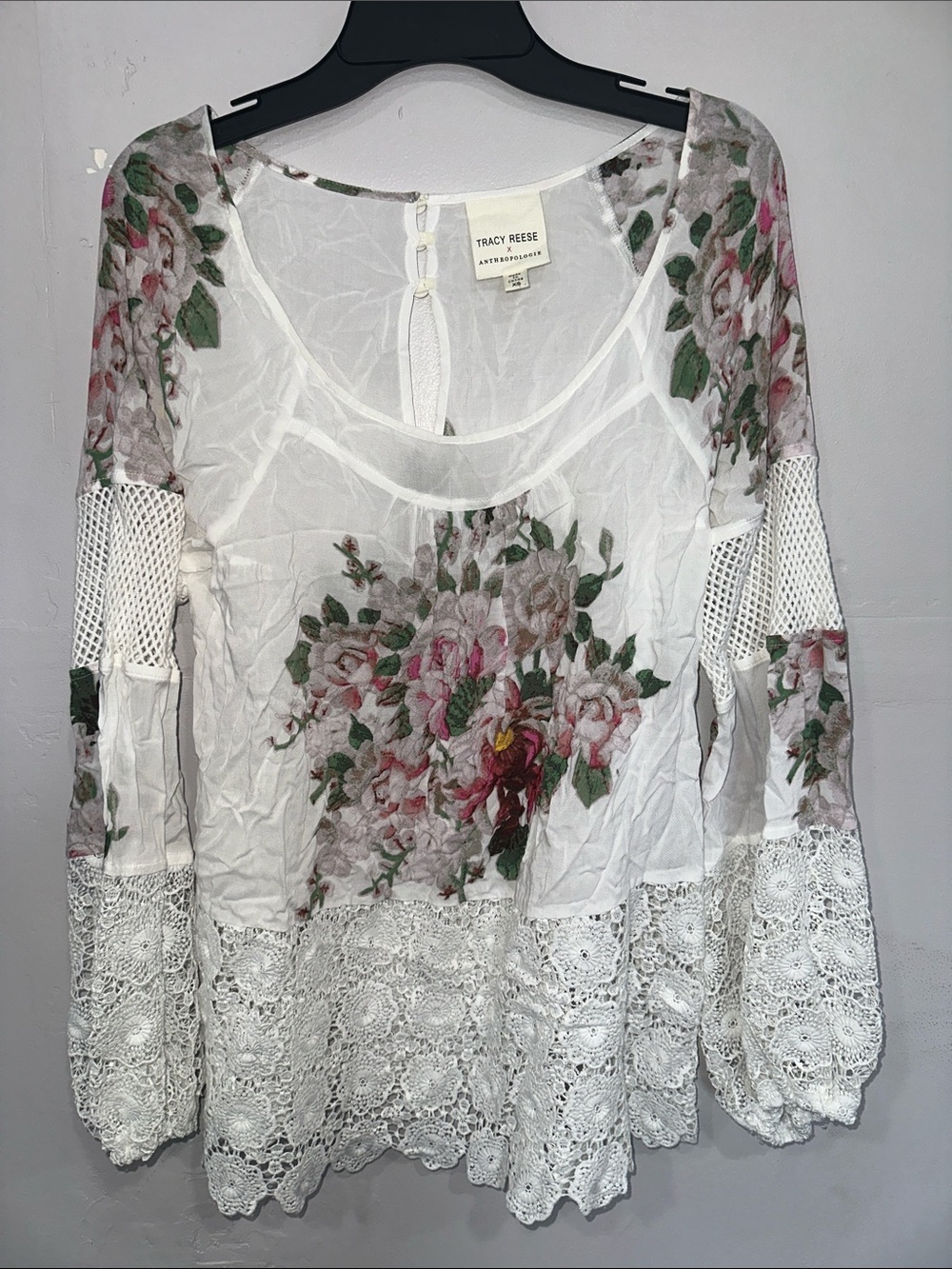 Tracy Reese White Sheer Floral Lace Crochet Blouse